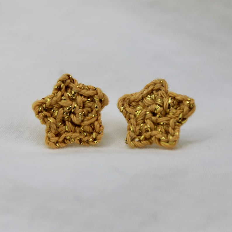 Sparkly Shiny Gold Star Crochet Stud Earrings