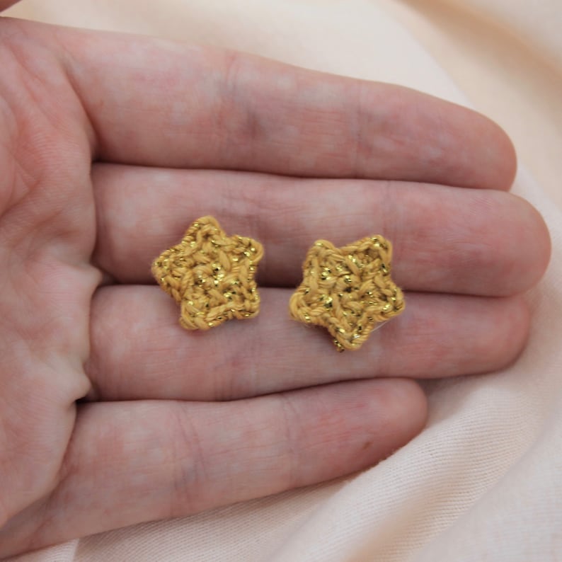 Sparkly Shiny Gold Star Crochet Stud Earrings