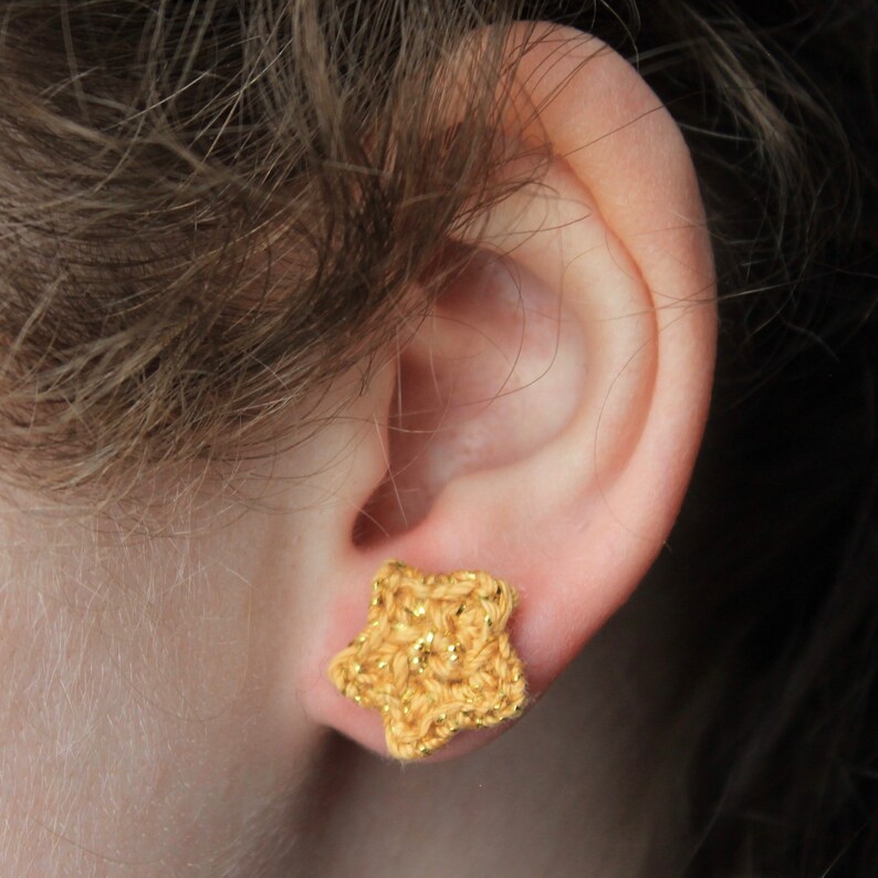 Sparkly Shiny Gold Star Crochet Stud Earrings