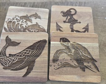 Laser Engraved Wood Coaster Set | Coastal Marine Life Decor