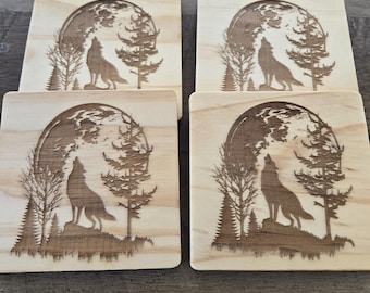 Laser Engraved Wolf Coaster Set | Rustic Birch Wood, Set of 4