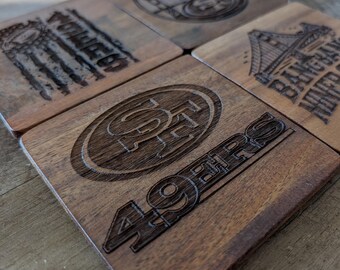 SF 49ers Walnut Wood Coaster Set | Laser Engraved Game Day Decor