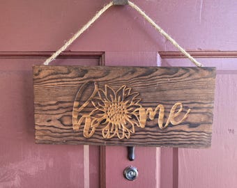 Sunflower Home Sign | Laser Engraved Wood, Rustic Farmhouse Decor