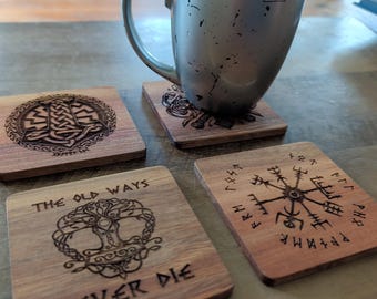 Viking Coaster Set | Laser Engraved Norse Decor, Set of 4