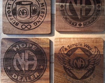 NA Recovery Coasters | Laser Engraved Wood, Clean Time Gift, Set of 4
