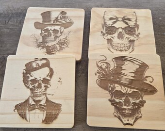 Laser Engraved Gothic Skull Wood Coaster Set | Victorian Home Decor
