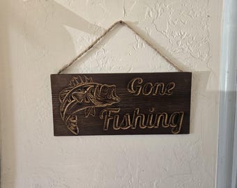 Gone Fishing Sign | Rustic Laser Engraved Bass Decor