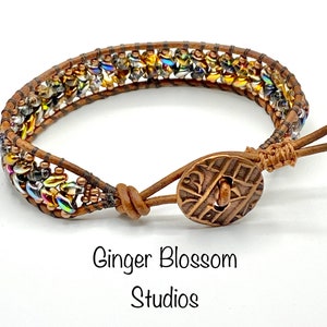 Sold! Colorful beaded bracelet, leather beaded bracelet, beads on leather with copper button closure bracelet