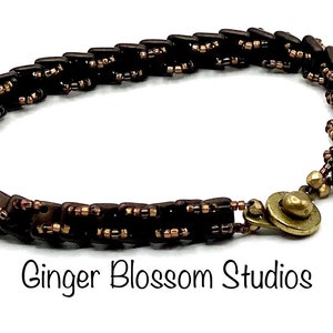 Brown bracelet, hand crafted bracelet, brown square beads with copper and antique brass seed beads, boho style, snap closure
