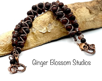 Brown beads and copper bracelet, antique copper accent bracelet, two bracelets in one