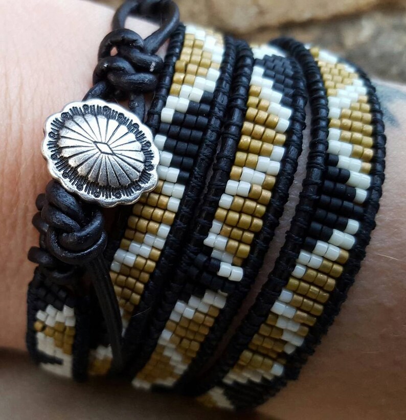 Leather Seed Bead 4 Wrap Bracelet with Silver Button Closure Etsy