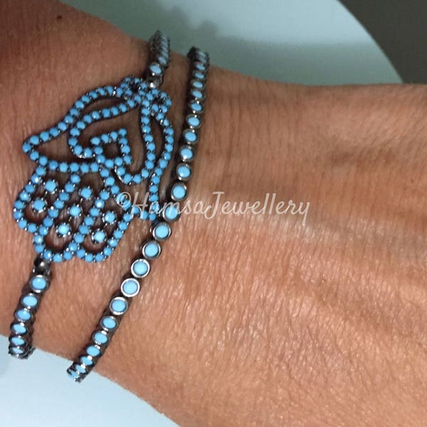 Black Rhodium on Silver Hamsa Bracelet, Turquoise Stone Hamsa, Evil Eye Bracelet, Black Rhodium Silver Bracelet, Jewelry for Her, Gift