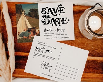 Retro Save The Date Photo Postcard Invite 6x4, Hippie Font Groovy 70s Boho Desert Wedding Editable Template #28-0