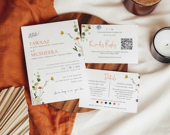 Wild Flowers Islamic Wedding Invitation Template Set FAWAAZ (Invite, QR Code RSVP, Details) — Instant Access | Edit Online