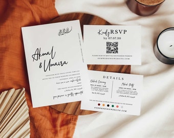 Minimalist Islamic Wedding Invitation Template Set AKMAL (Invite, QR Code RSVP, Details) — Instant Access | Edit Online