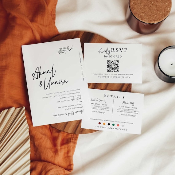 Minimalist Muslim Wedding Invitation Template Set AKMAL (Invite, QR Code RSVP, Details) — Instant Access | Edit Online