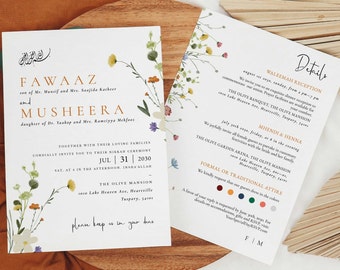 Summer Floral Muslim Wedding Invitation & Details Template, Double-Sided | Online Editable Digital Nikkah Invite | Instant Access #0001