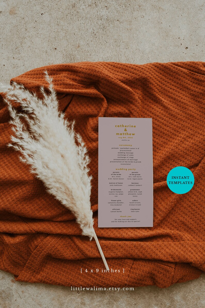 Canva Editable Wedding Template Minimalist Wedding Ceremony Digital Download Dusty Pink Program Template