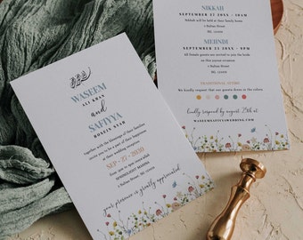 Dainty Floral Islamic Wedding Invitation Template SAFIYYA (5x7 Inches Double-Sided Details) — Instant Access | Edit Online
