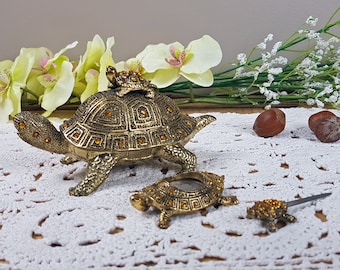 Brass Turtles Set Magnifying Glass Letter Opener Trinket Box Three Piece Set Vintage Ornate Turtles