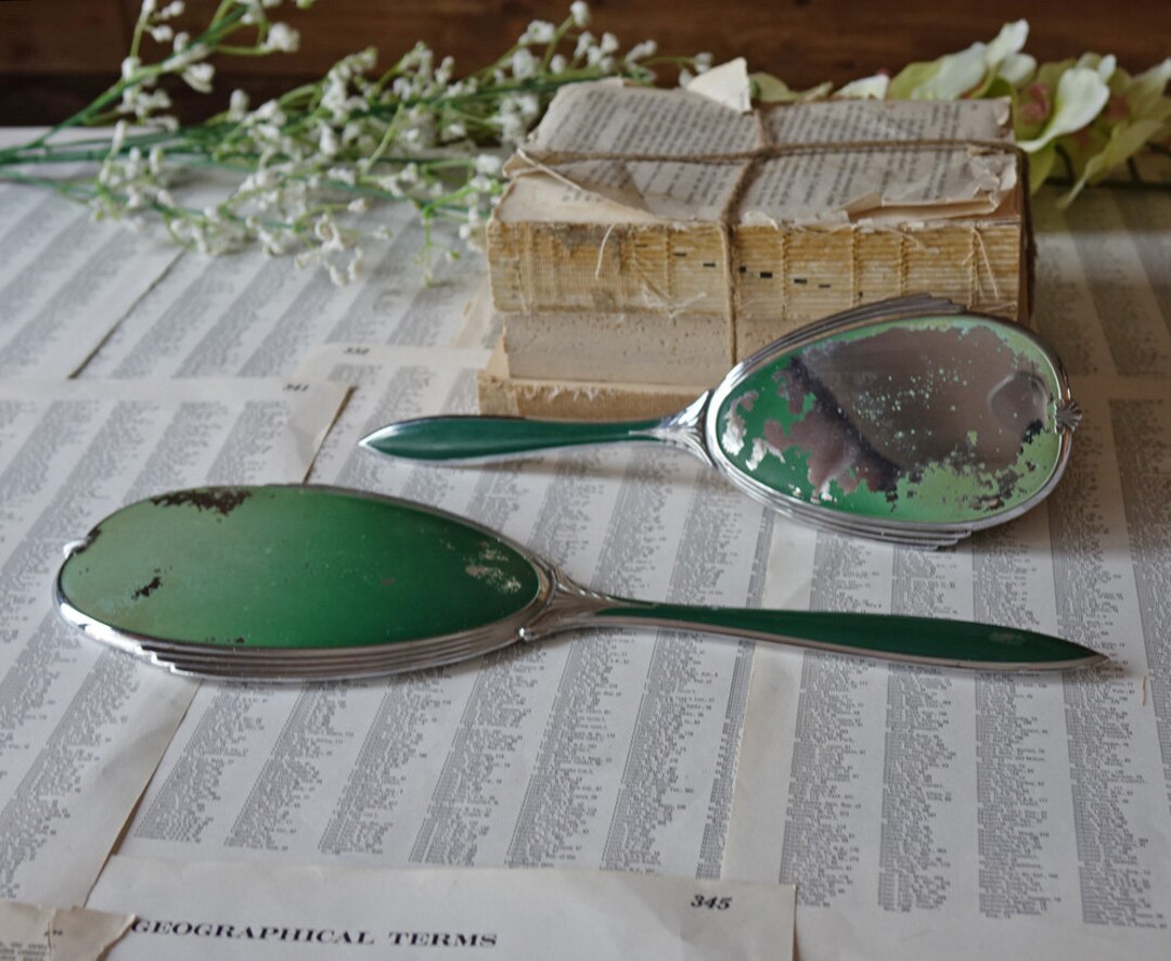 Vintage Green Vanity Set Brush and Mirror Evans Case Company Antique ...