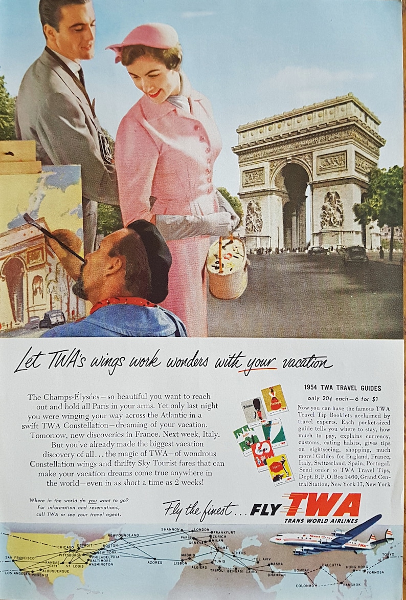 1954 TRANs WORLD AiRLiNES Advertisement TWA Original Retro Airline Ad Let TWA/'s wings work wonders wtih your vacation