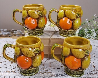 Vintage 1960s Mugs Set Yellow Orange Fruit Basket Mugs Inarco