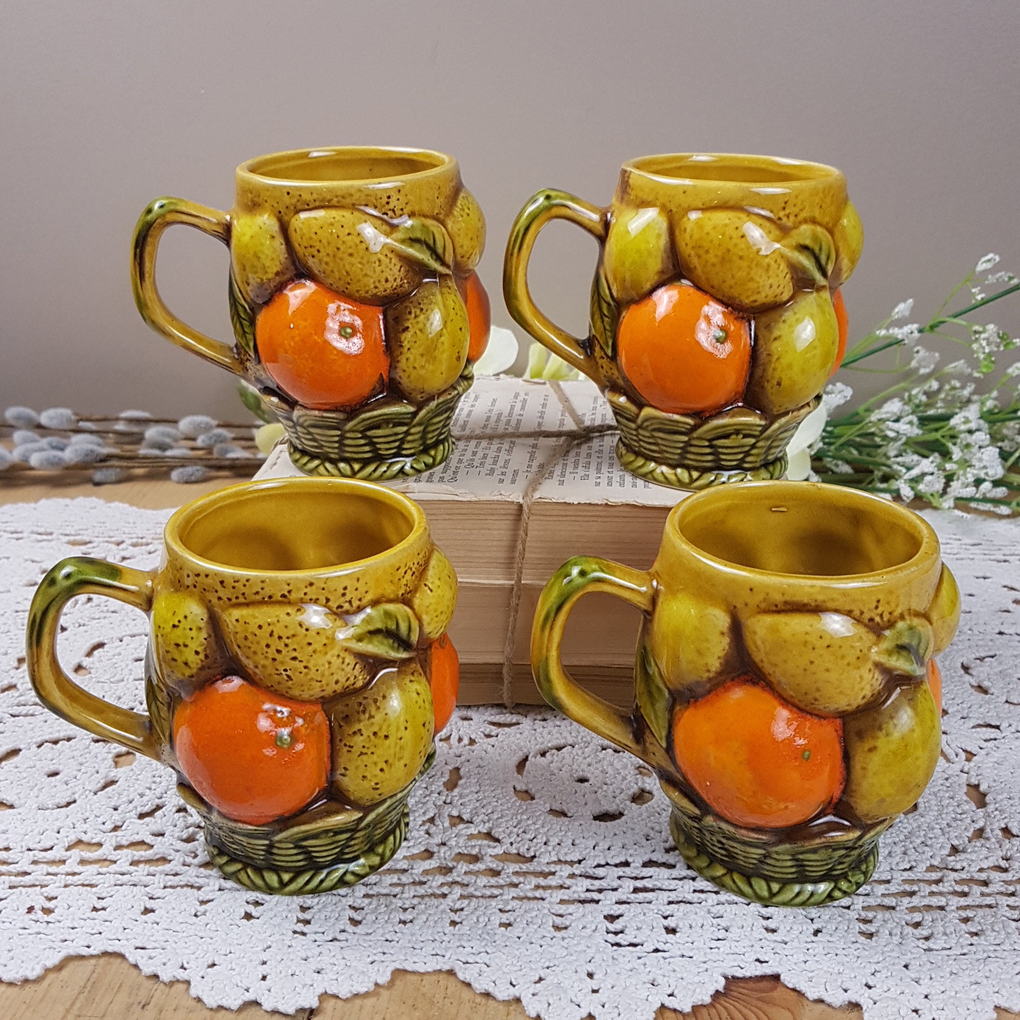 Vintage 1960s Mugs Set Yellow Orange Fruit Basket Mugs Inarco