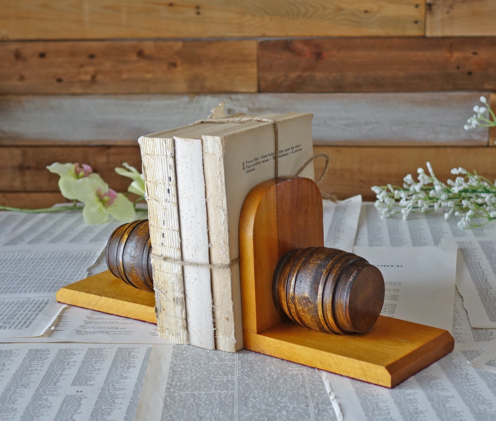 Vintage Wooden Bookends Wood Barrel Bookends Rustic Decor Men Etsy