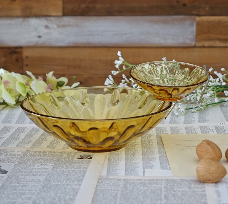 Vintage chip and dip glass bowl Golden yellow snack set image 1