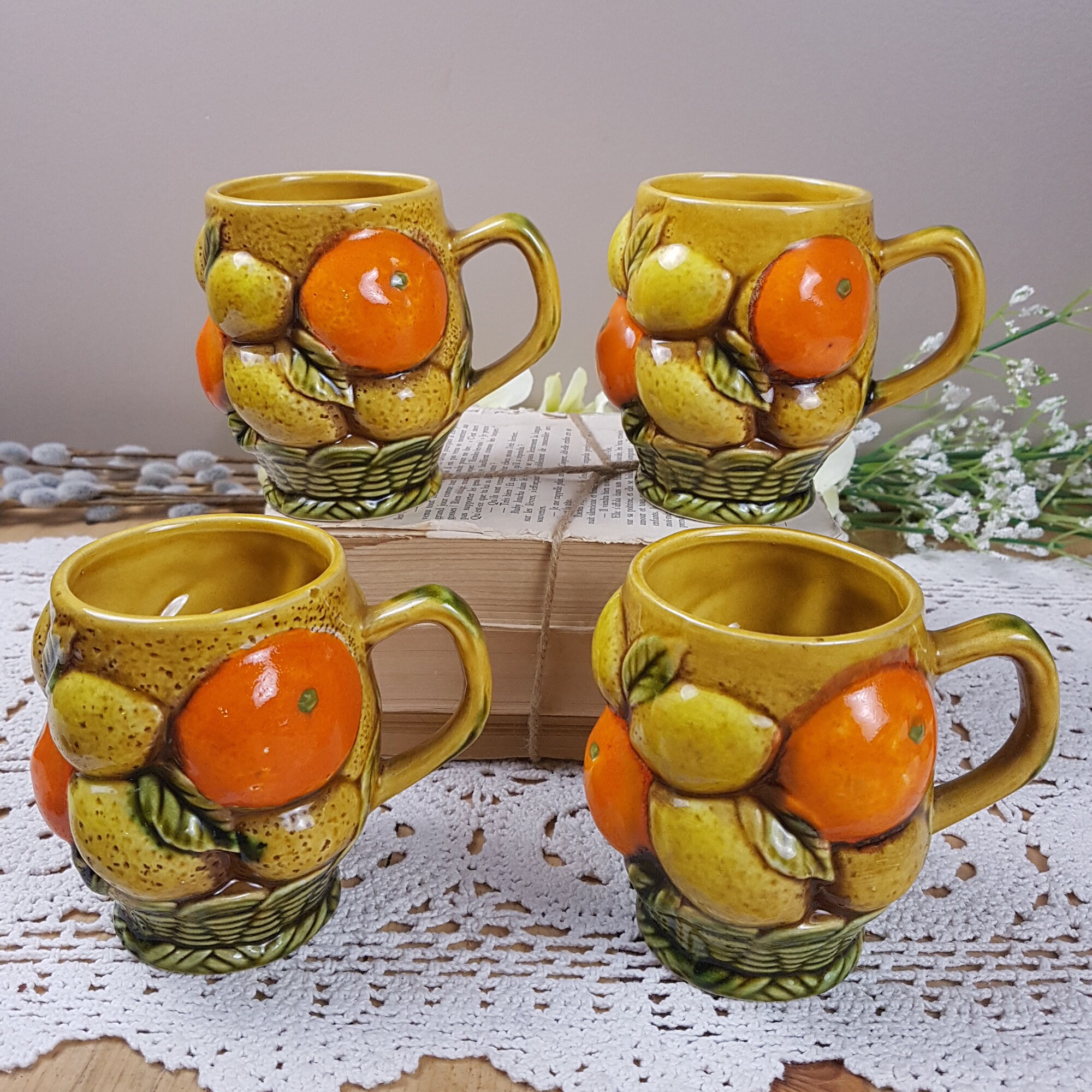 Vintage 1960s Mugs Set Yellow Orange Fruit Basket Mugs Inarco