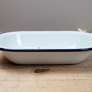 Vintage rectangular enamel bowl - Storage bowl - White and blue enamel - Rustic Bowl - 11 3/4&quot; x 8 1/2&quot; x 2 1/4&quot;