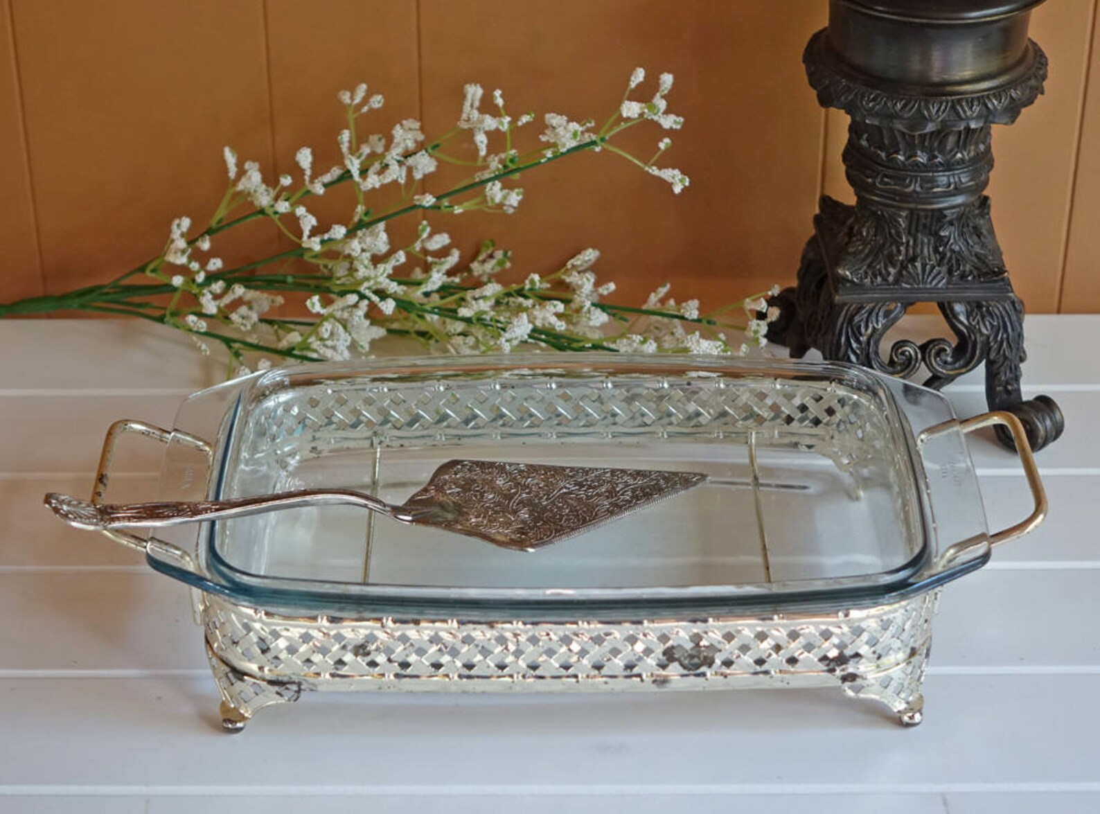 Vintage Silver Plated Serving Tray with Pyrex Dish Rectangle Etsy