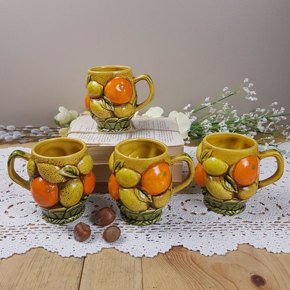 Vintage 1960s Mugs Set Yellow Orange Fruit Basket Mugs Inarco