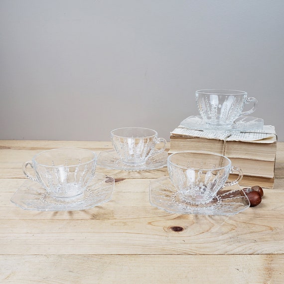 Set of 4 Clear Glass Cups and Saucers, Cut Clear Glass Coffee Cups, Clear Glass  Tea Cups Vintage Kitchen Decor 