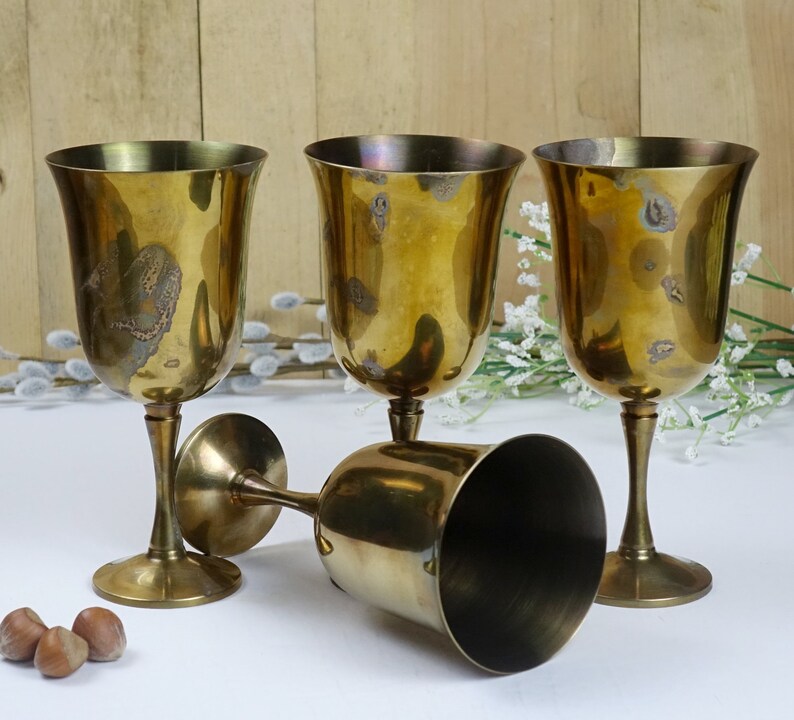 Four vintage wine goblets 4 brass wine glasses Brass cups Etsy