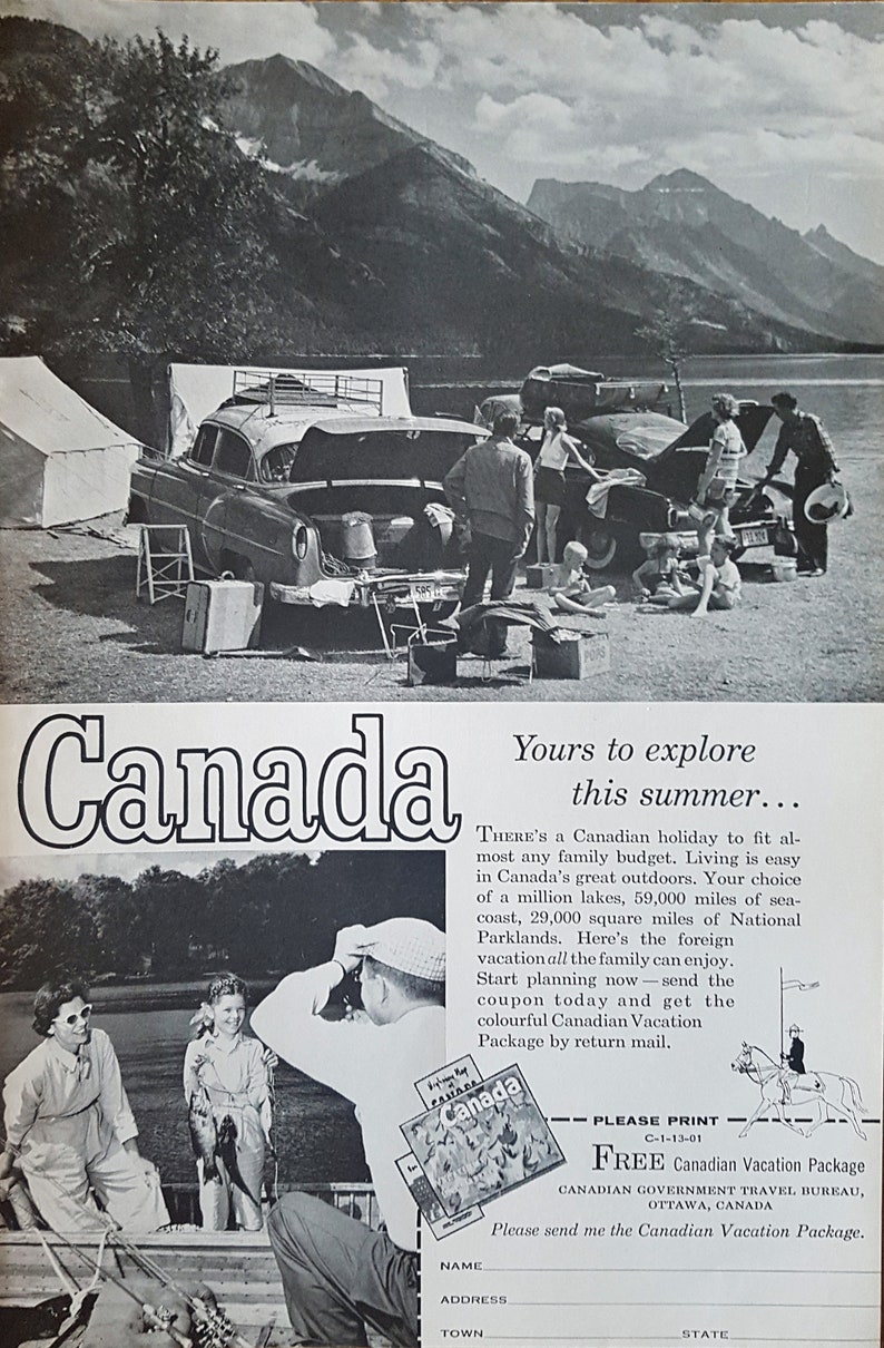 Vintage Black and White CANADA Advertisement 1958 Retro poster Canada.. yours to explore this summer.../'/'