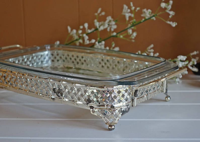 Vintage Silver Plated Serving Tray with Pyrex Dish Rectangle Etsy