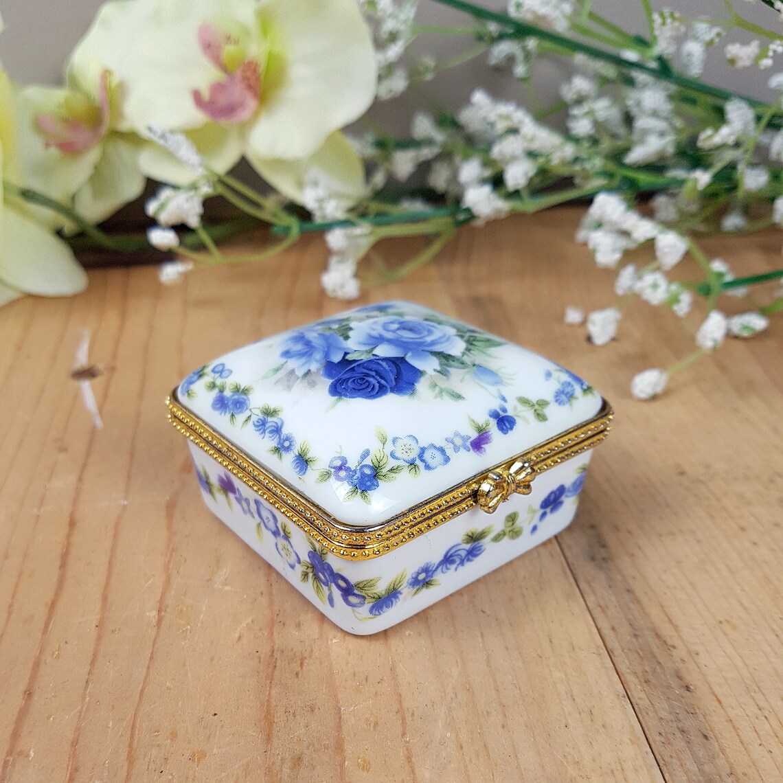 Ceramic box Vintage trinket box Blue flowers Etsy