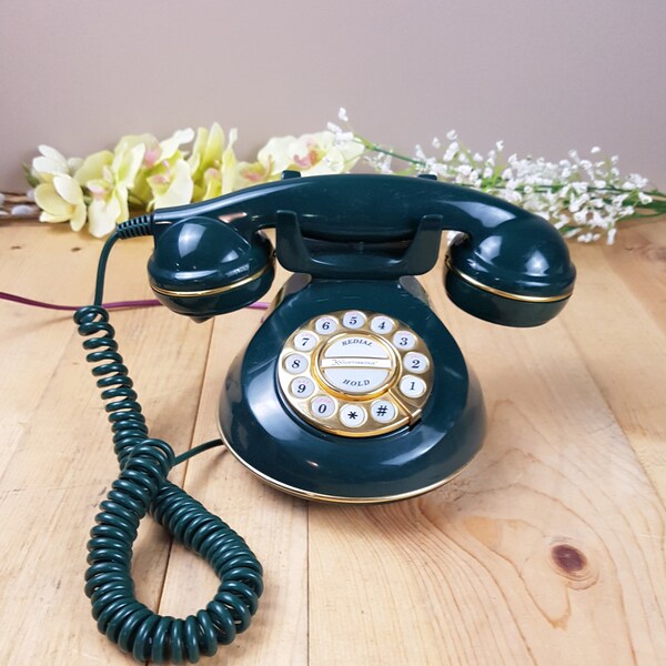 Vintage Green Microtel Telephone WORKING Retro Knightsbridge Model 954 French Style Telephone Green with Gold trim