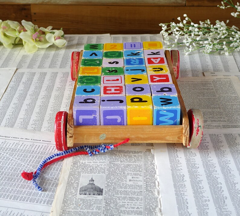 Vintage Wooden Alphabet Blocks With Cart Wagon Cart With Pull Etsy