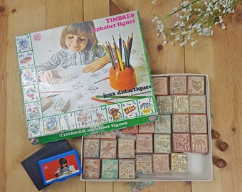 Vintage Educational game contains 30 stamps and 3 ink pads French ABC stamps Vintage game Didactic game Wood stamps