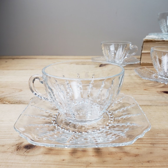 Set of 4 Clear Glass Cups and Saucers, Cut Clear Glass Coffee Cups