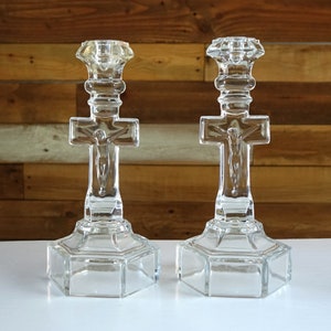 Vintage cross candle holders Clear glass Jesus candlesticks Set of 2 candle holders