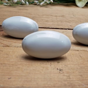 May include: Five white ceramic oval cabinet knobs with silver hardware.