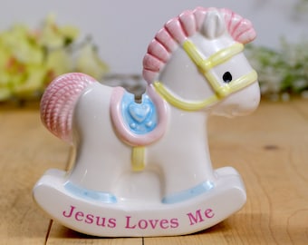 Vintage baby bank Enesco Nursery decor Rocking horse money bank Retro porcelain piggy bank Baby shower gift