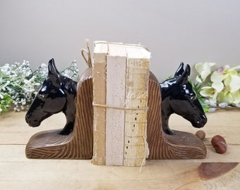 Ceramic Black Stallion Bookends vintage Japan Horse Lover Gift Western Decor Library Decor Retro Ceramic Horse Head Bookends