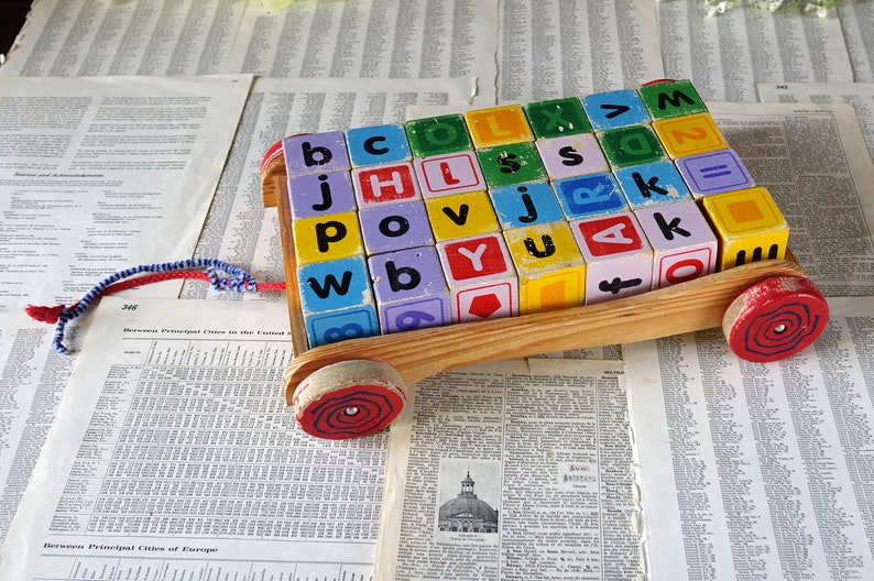 Vintage Wooden Alphabet Blocks With Cart Wagon Cart With Pull Etsy
