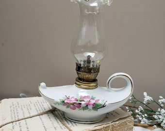 Small Porcelain Oil lamp Vintage White with floral design Porcelain 6 1/2"  Decorative lamp