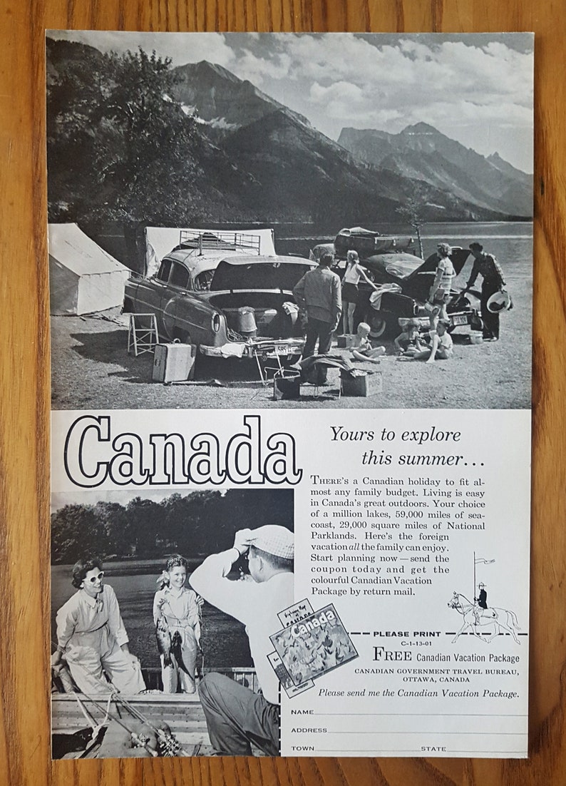 Vintage Black and White CANADA Advertisement 1958 Retro poster Canada.. yours to explore this summer.../'/'